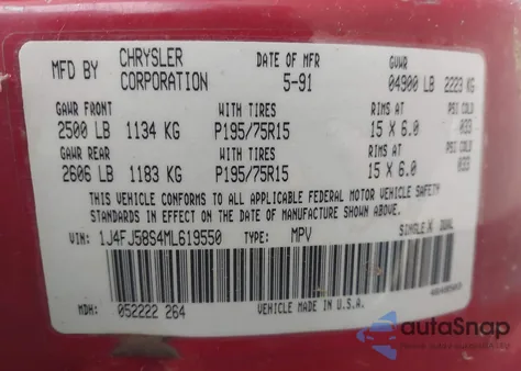 1991 Jeep Cherokee Laredo z USA, uszkodzony, nr VIN 1J4FJ58S4ML619550